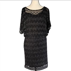 XSCAPE Black Lace Evening Dress With Silver Threading, Size 8